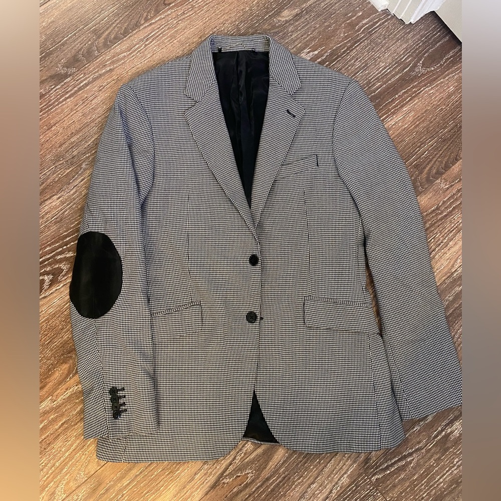 Men’s Zara black white blazer elbow patch double vent size 42R